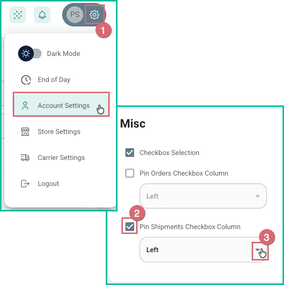 Account Settings is selected and then Pin shipments is enabled to pin the columns to the left.