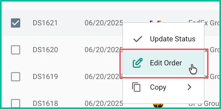 Edit order is selected in the context menu for an order.