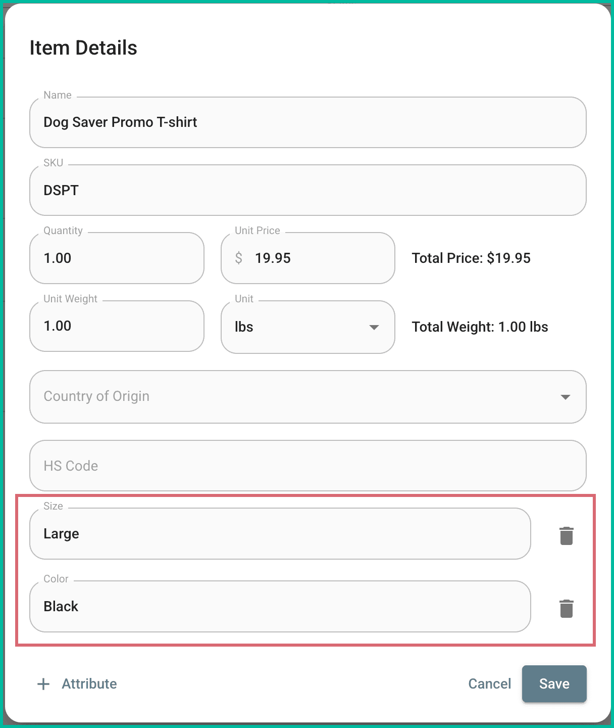 The color and size attributes are highlighted in the item details pop-up.