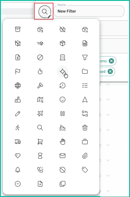The filter icon button has been clicked and an icon is being selected.