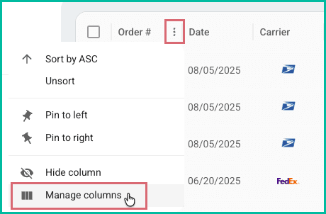 Manage columns is being clicked.