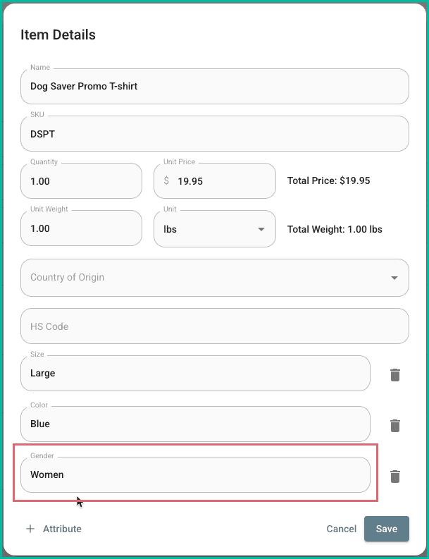 The gender attribute is shown with a value of women.