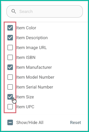 Column names are checked so that they will be displayed in the Orders Grid.