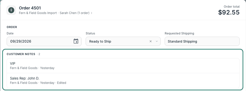 Customer notes are shown in the order editor.