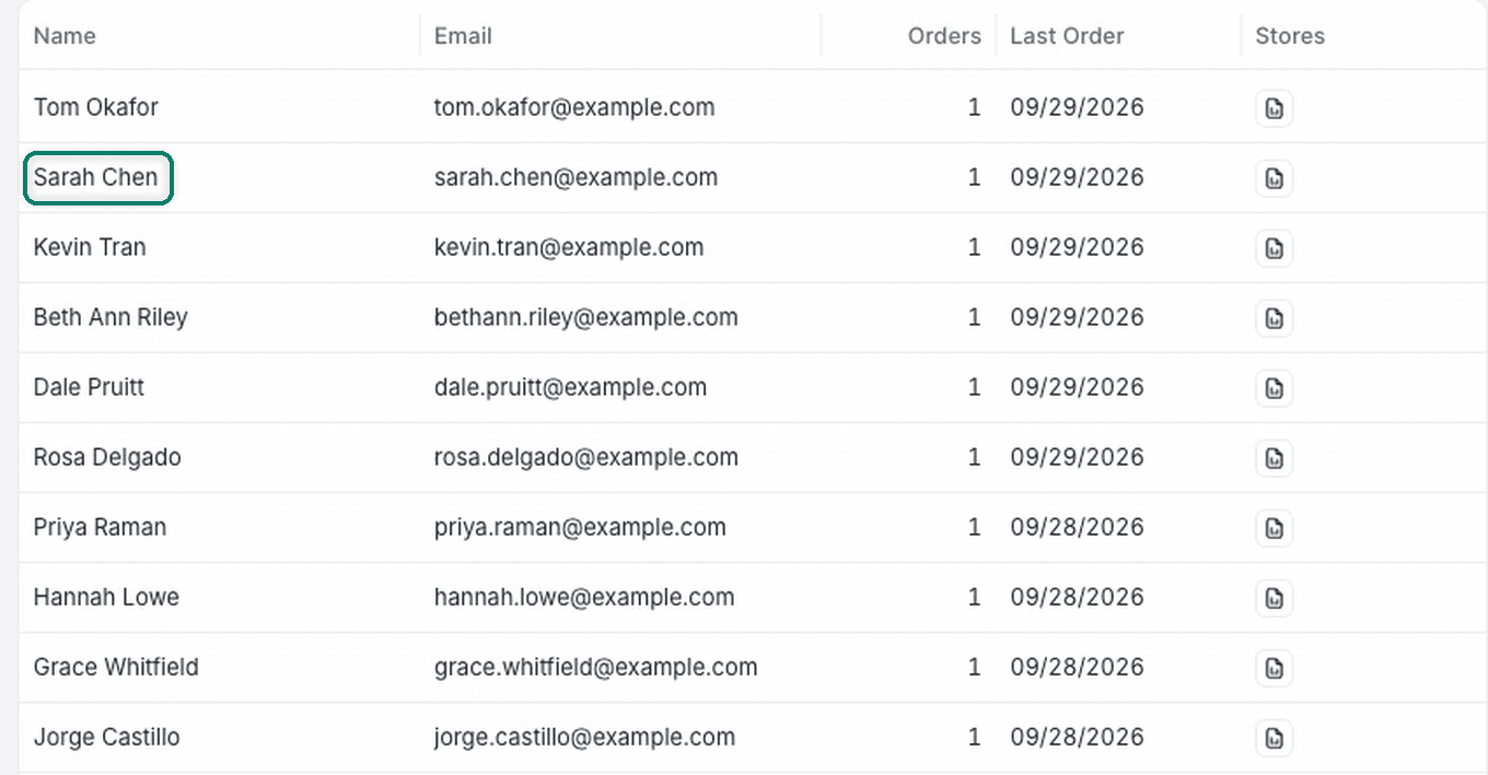 The customer record is shown and being clicked to open the customer record.
