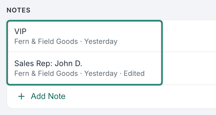 The Notes section of the customer record is shown with two notes.
