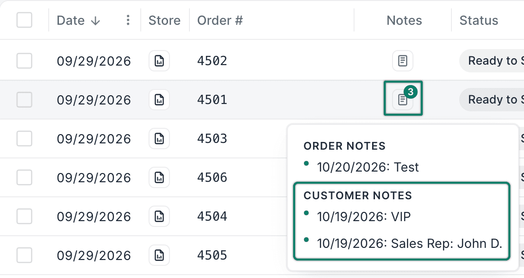 The notes icon is hovered over. Order and Customer notes are shown.