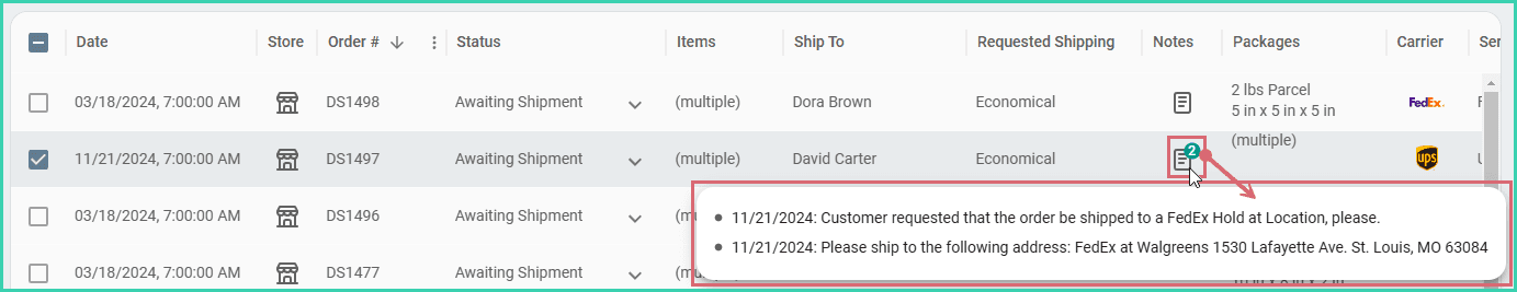 The notes icon indicates 2 notes. When hovered over, both notes are displayed.