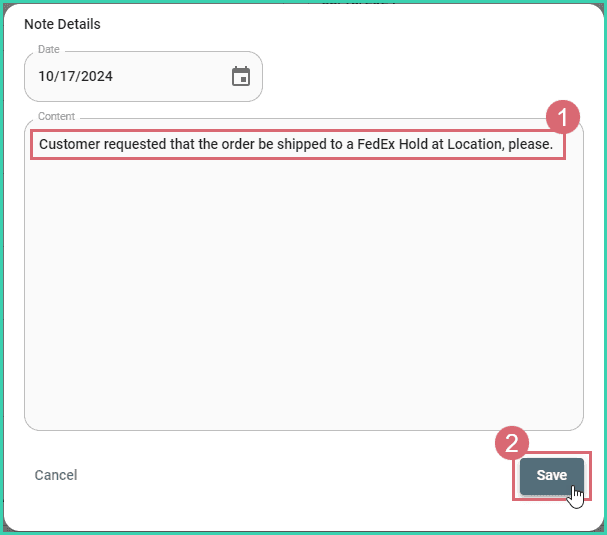 The note is entered into the comment field and the save button is being clicked.