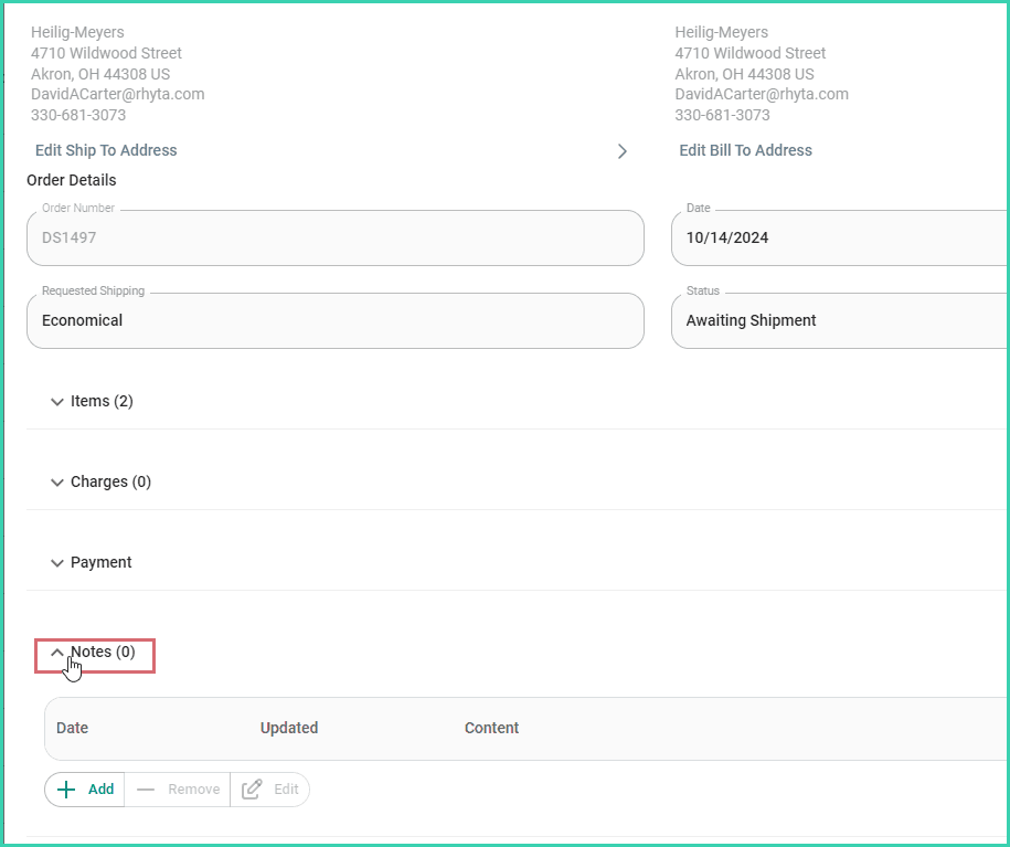 The notes section is expanded in the order details screen.