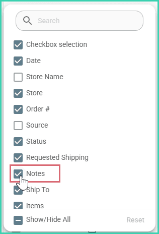 The notes column is checked.