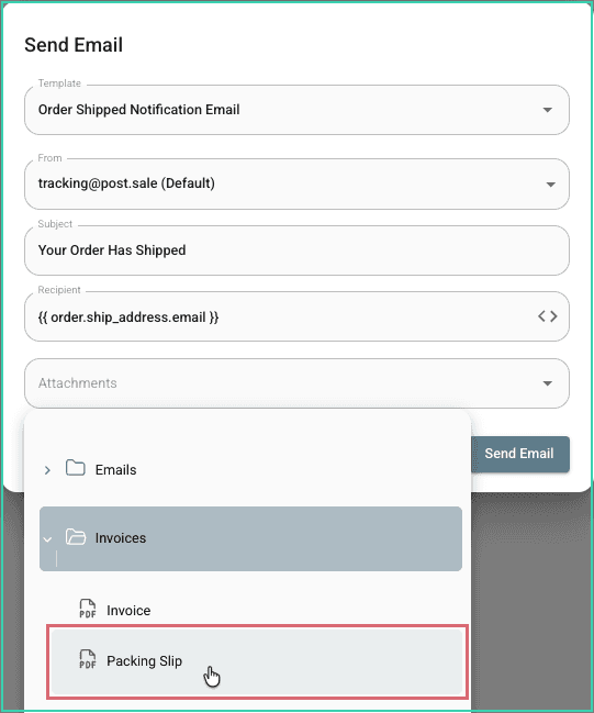 The Attachments menu with Packing Slip outlined in red.