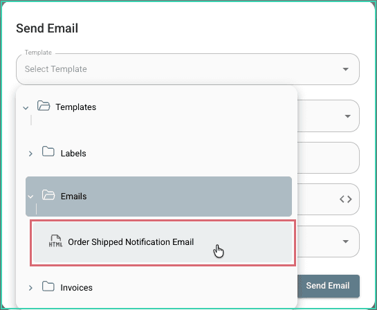 The Send Email pop-up window with the Order Shipped Notification Email template outlined in red.