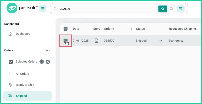 The Postsale Orders grid with an order checkbox selected and outlined in red.