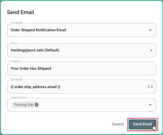 The completed Send Email window with the Send Email button outlined in red.