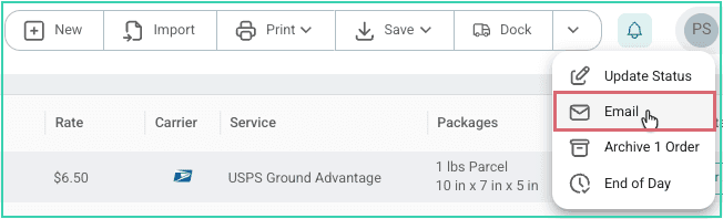 The Order Actions menu with Email outlined in red.