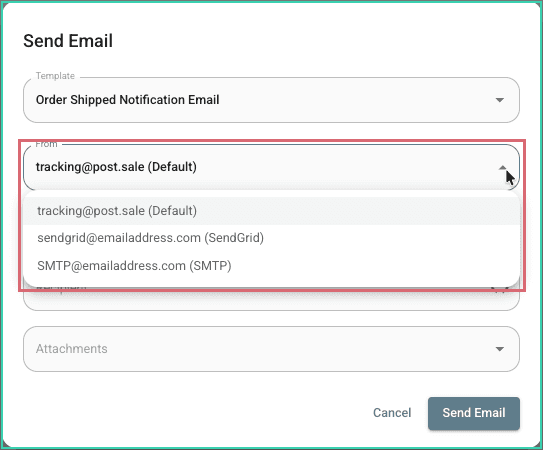 The From field and its Postsale, SendGrid, and SMTP sender options outlined in red.
