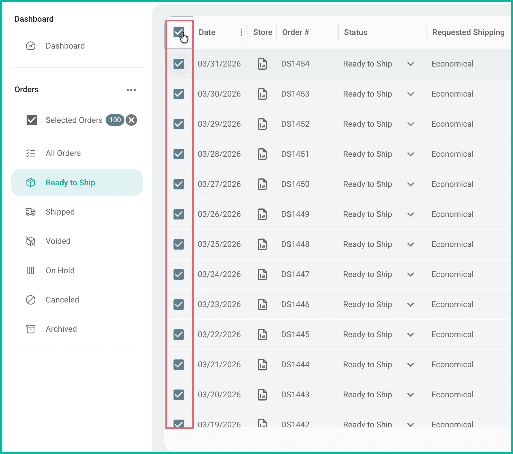 One hundred orders are selected in the orders grid.