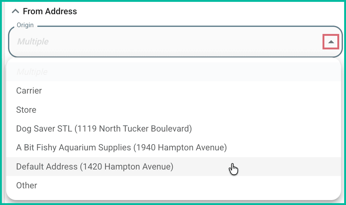 The from address section is shown with the origin drop-down expanded.