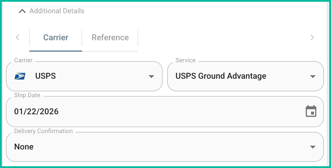 The fields in the additional details section, carrier tabs, is shown.
