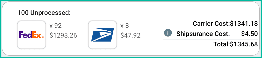 The Rate Selector shows the total cost for 100 shipments.