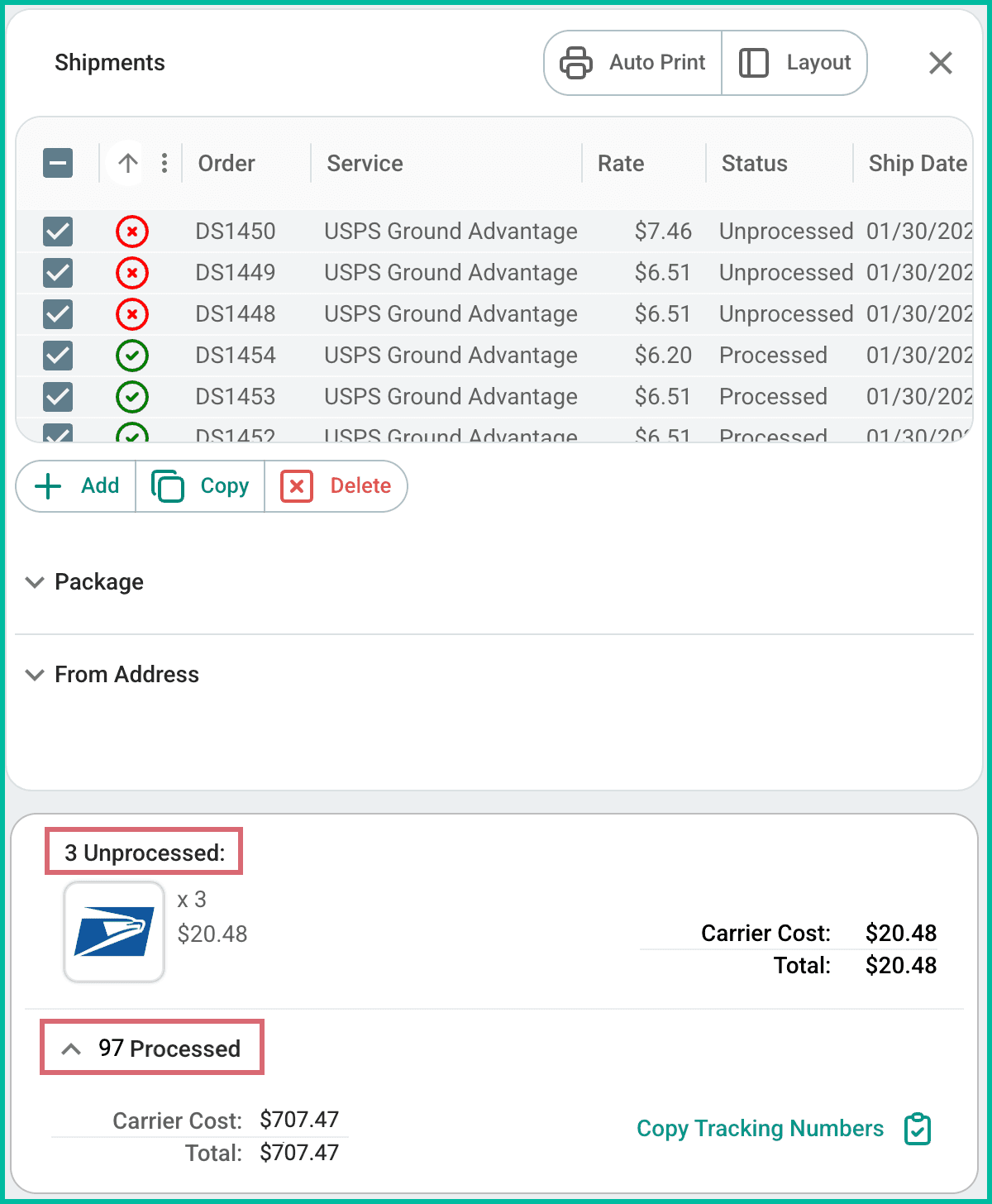 The rate selector shows the number of processed and unprocessed shipments.