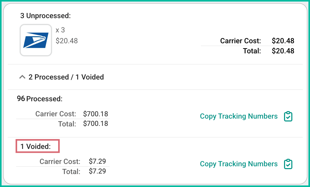 The rate selector shows the number of voided shipments.