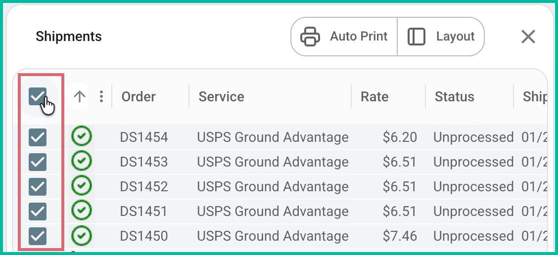 All shipments are selected