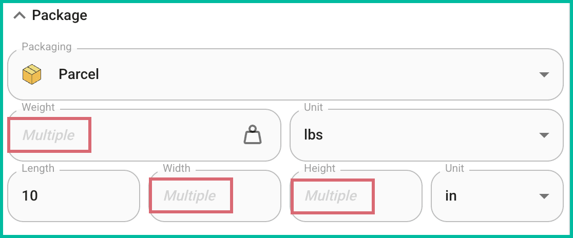 The Package section shows 'Multiple' in the weight and dimension fields.