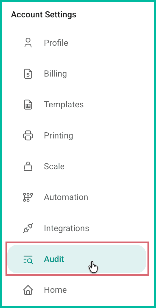 Audit is being selected from the list of available options in the account settings menu.