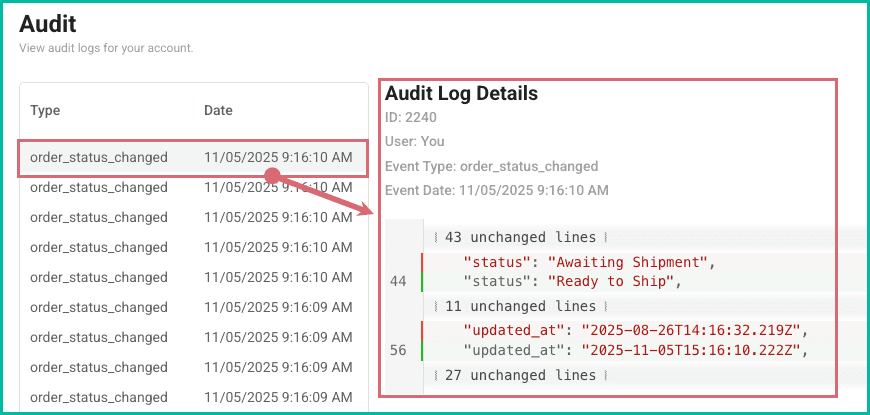 A log is selected and the log details are displayed.