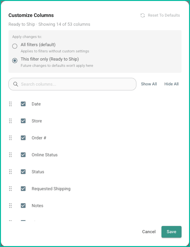 The customize columns pop-up is shown.