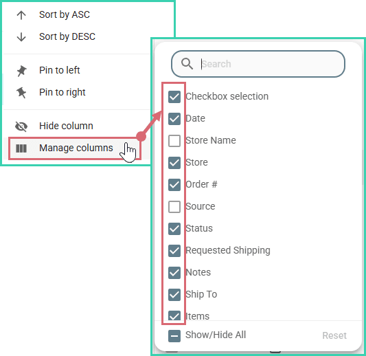 Manage columns has been clicked to open the column selection.