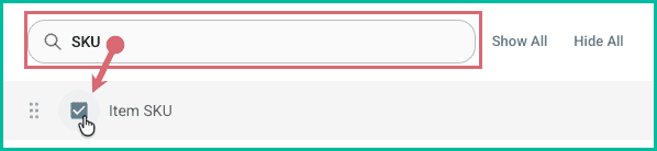 SKU is entered into the search field and the Item SKU column was located.