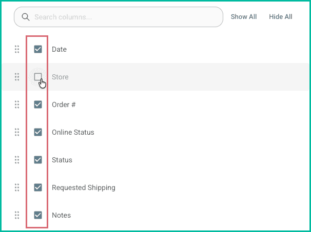 The list of available columns is shown. The Store column has been deselected so that it is no longer visible in the grid.
