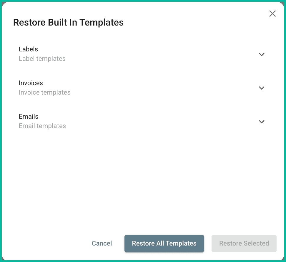 The restore built in templates pop-up is shown.