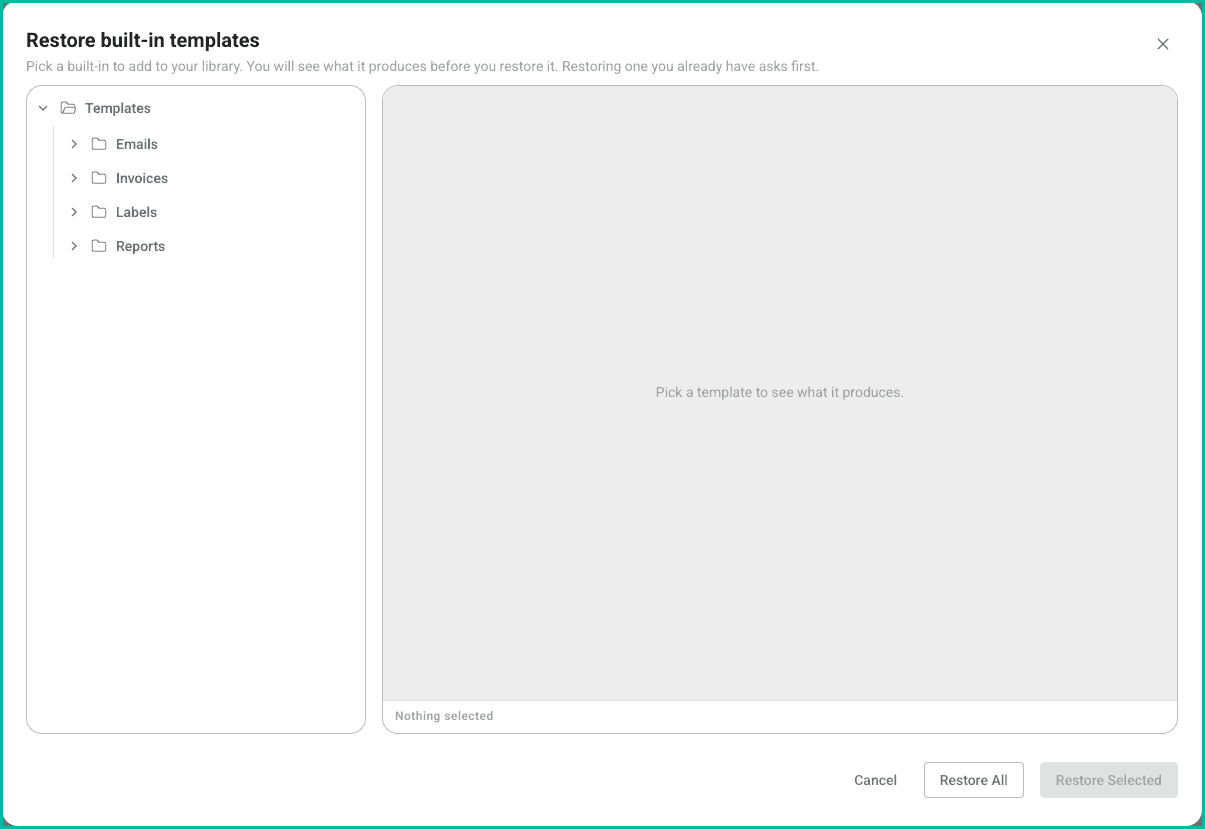 The restore built-in templates pop-up is shown.