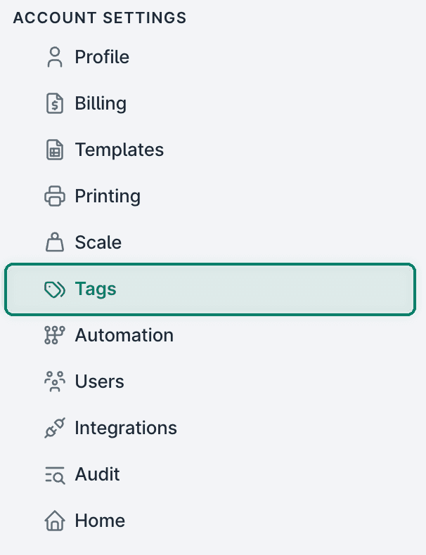 Tags is selected in the list of options in the Account Settings menu.