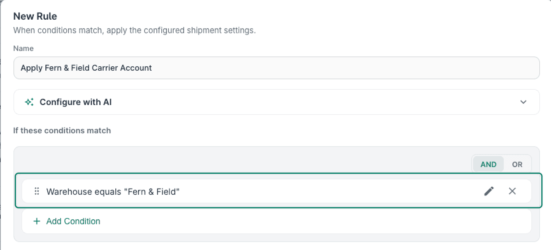 The condition is added to the Shipping Rule.