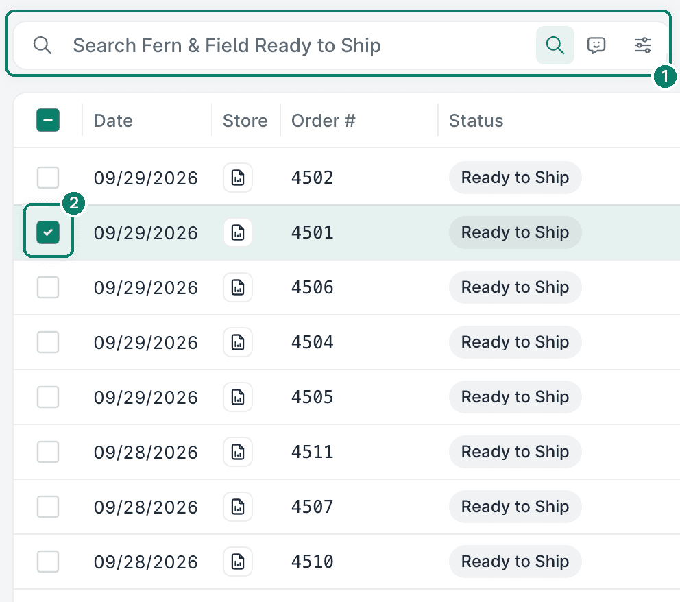 The Fern & Field Goods orders in the Ready to Ship status are searched for and order 4501 is selected.