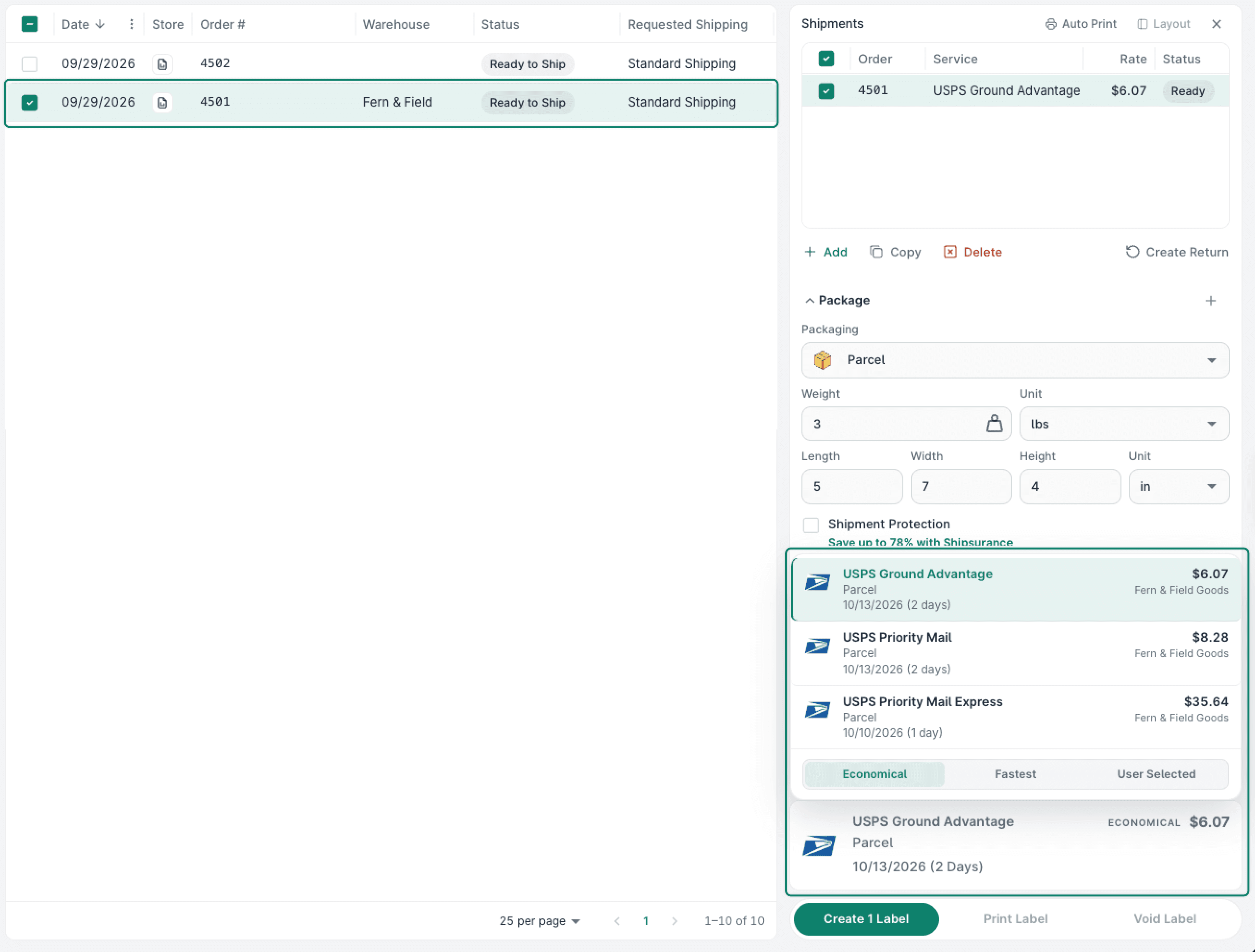 An order with the Warehouse tag is shown in the Orders Grid. The Dock is open and the Rate Selector only shows the Fern & Field Goods USPS account.