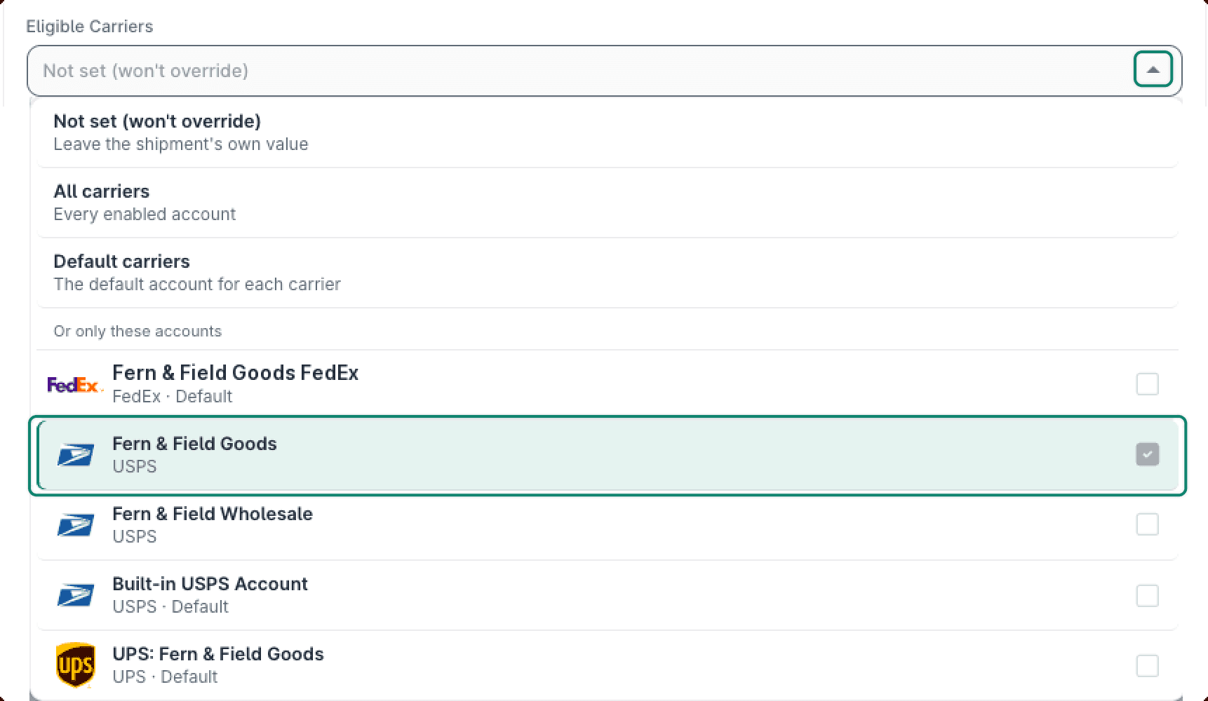 The Fern & Field Goods USPS account is selected.