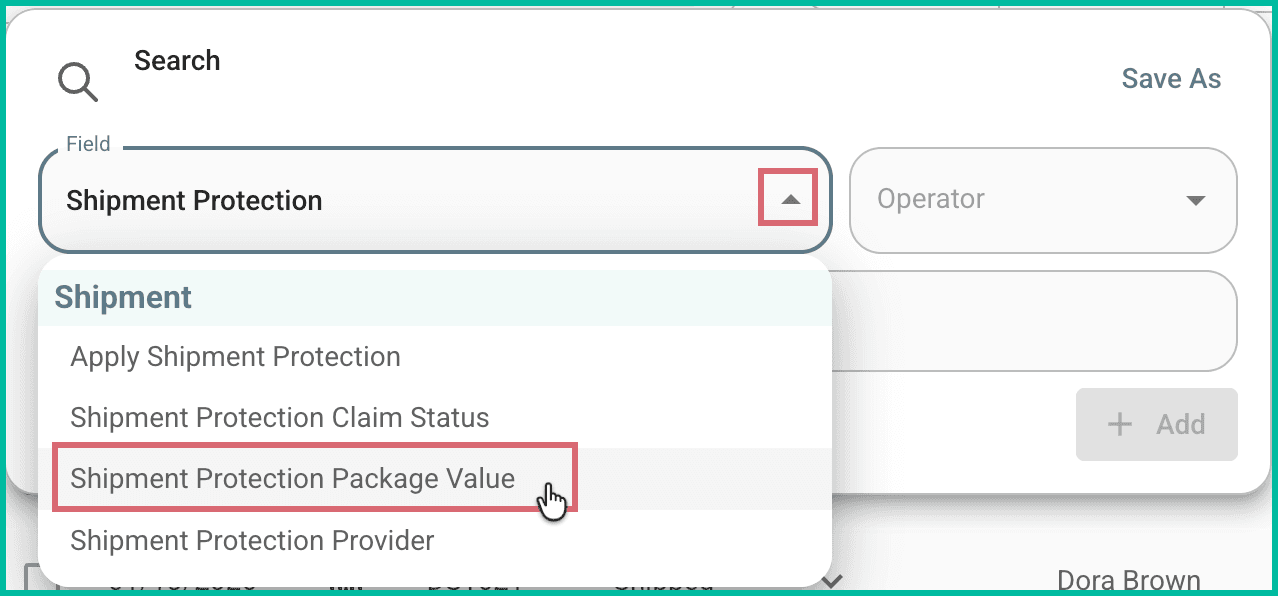 Shipment Protection package value is being selected as the fiels.