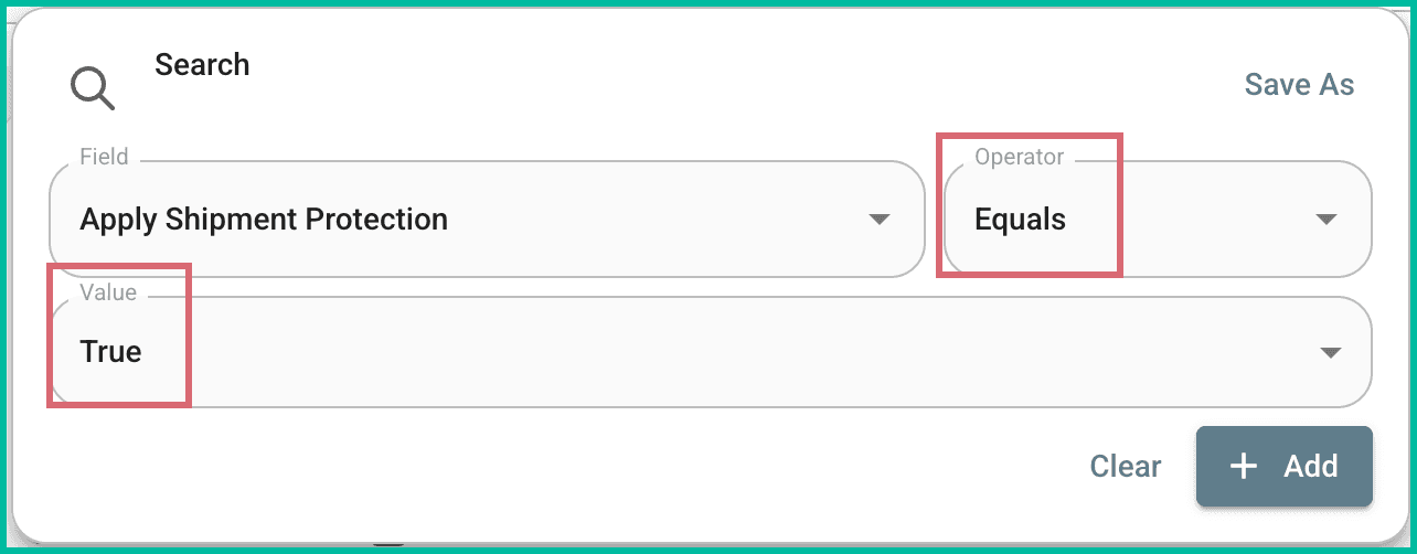 The operator is set to equals and the value is set to true.