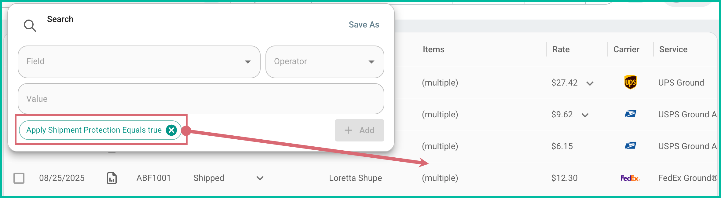 The criterion is added to the search and the orders grid shows the reults.