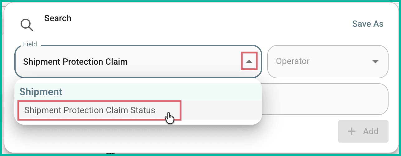 Shipment protection claim status is selected as the field.
