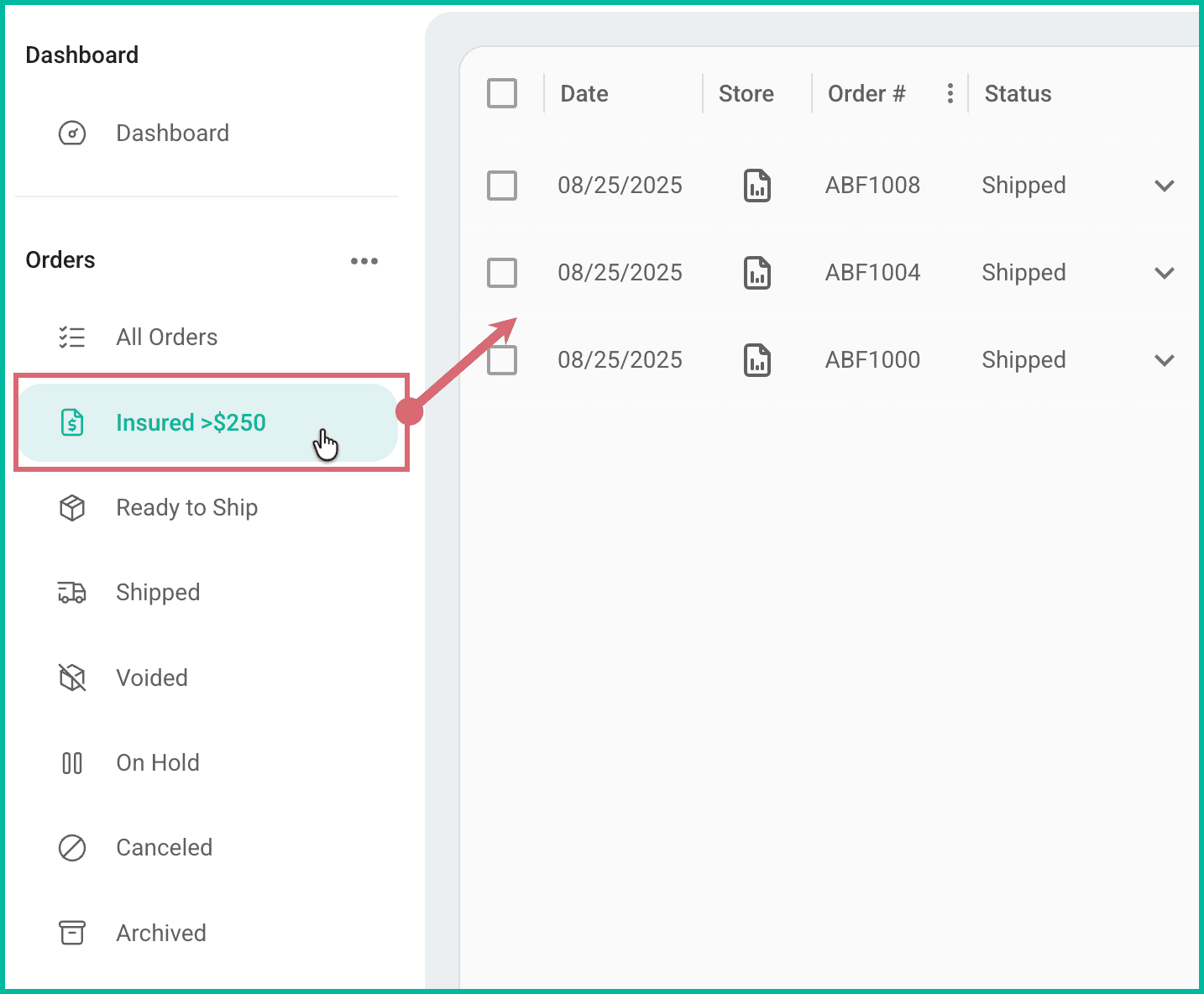 The new filter is selected and the search results are shown in the orders grid.