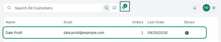 A single customer is shown as the search result.