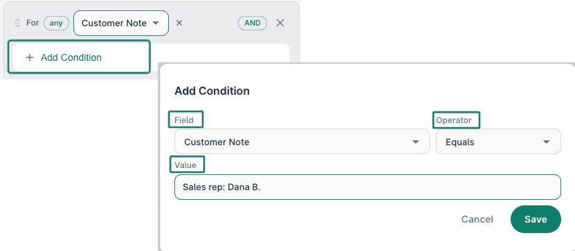 The condition has been configured to search for the specific note.