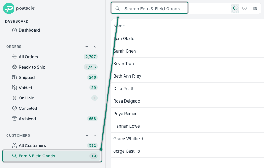 The Fern & Field Goods filter is selected. The Search Bar is updated to say Search Fern & Field Goods.